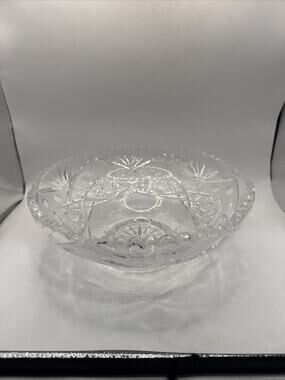 Vintage Heavy Cut Crystal Bowl 9” Starburst Geometric Pattern Centerpiece *